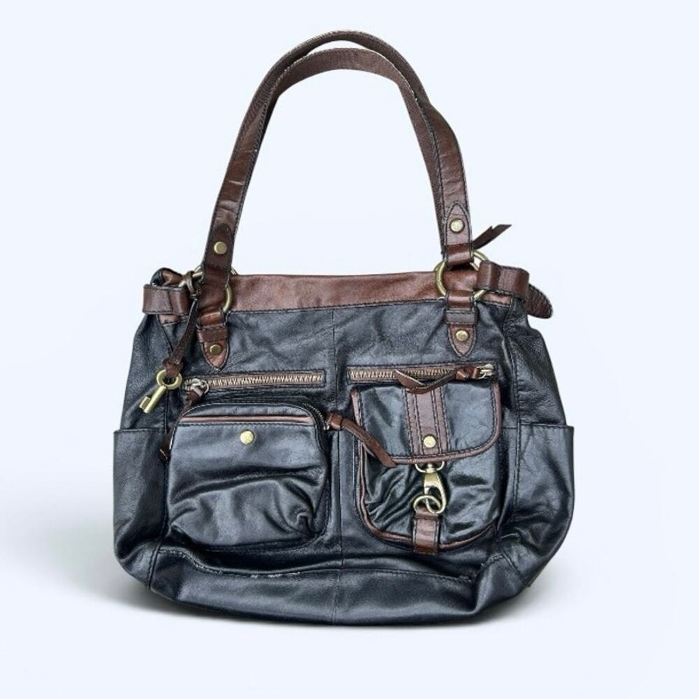 Vintage Fossil Heritage Hobo Shoulder Bag Black Brown Leather Multi Pocket Boho